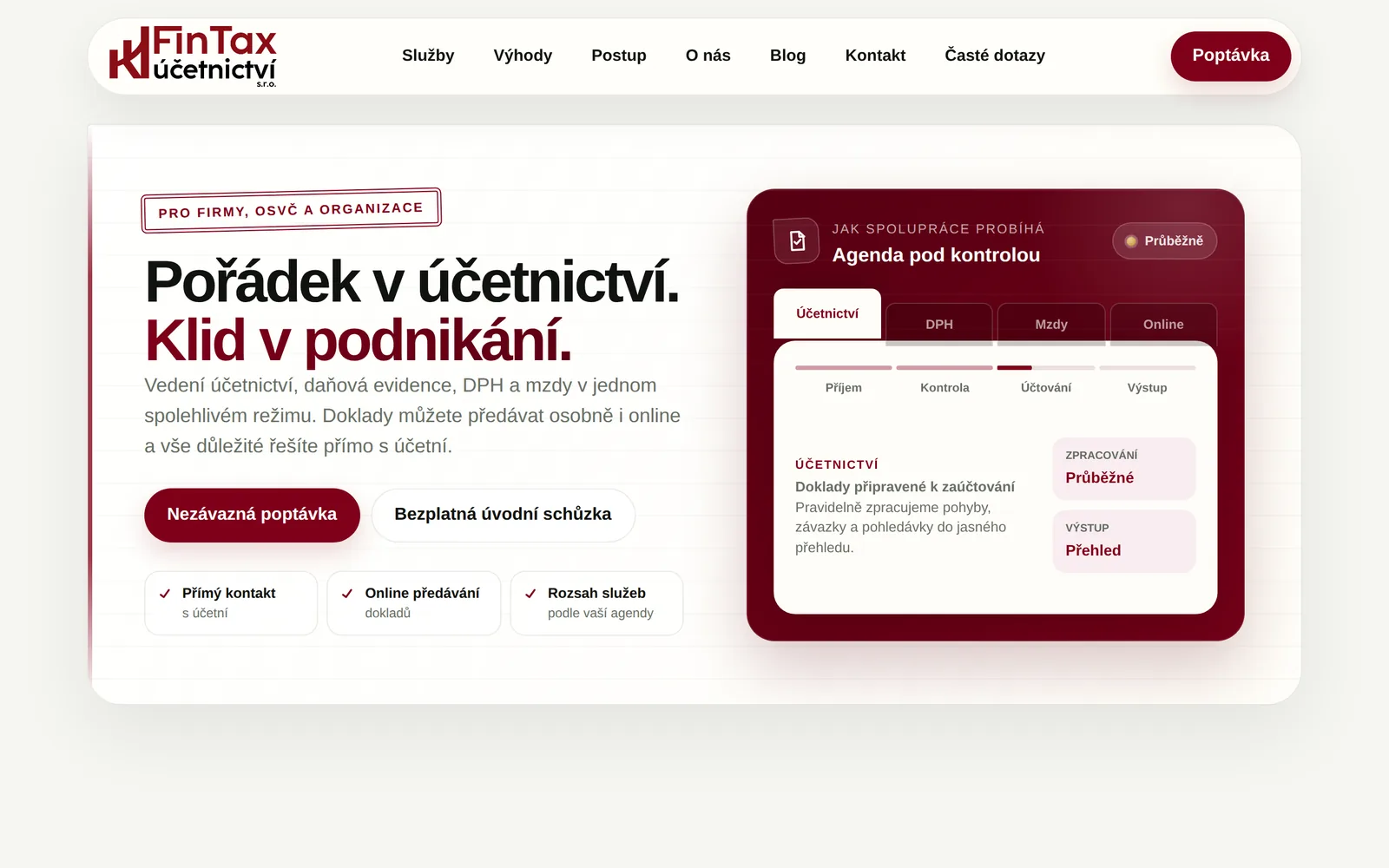 Úvodní stránka webu kkfintax.cz s nabídkou účetních služeb a tlačítkem pro poptávku